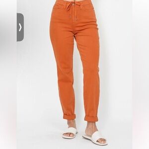 Judy Blue High Waist Garment Dyed Auburn Orange Double Cuff Jogger Denim Jean
